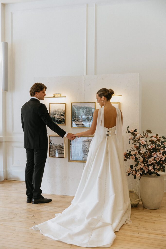 Bride and groom, walking around their wedding venue