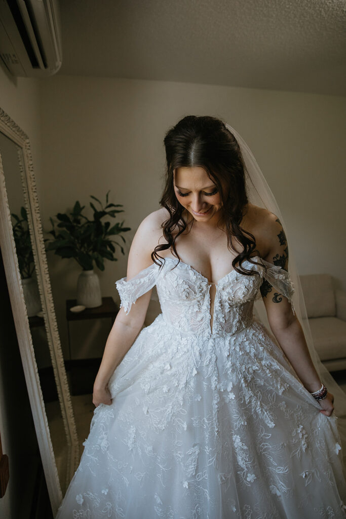cute portrait of the bride before heading to the first look with the groom