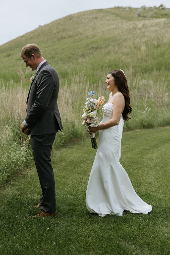 Bride and groom at their first look