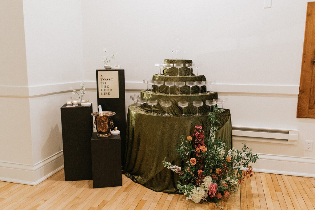 Beautiful champagne tower at the reception party