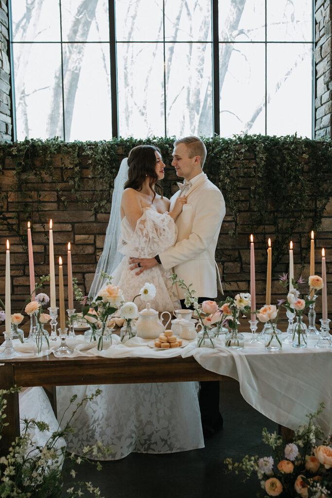 cute picture of the newlyweds smiling at each other